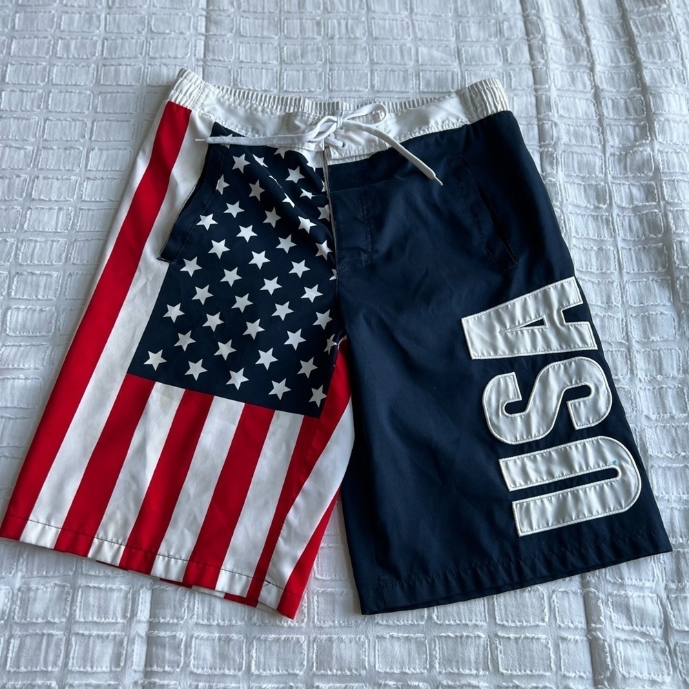 ☀️ Calhoun Sportswear USA 🇺🇸🇺🇸🇺🇸 Stars and Stripes Swim Trunks Unlined Small